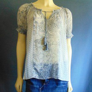 Joie Blue Sheer 100% Silk Paisley Tasseled Peasant Top M